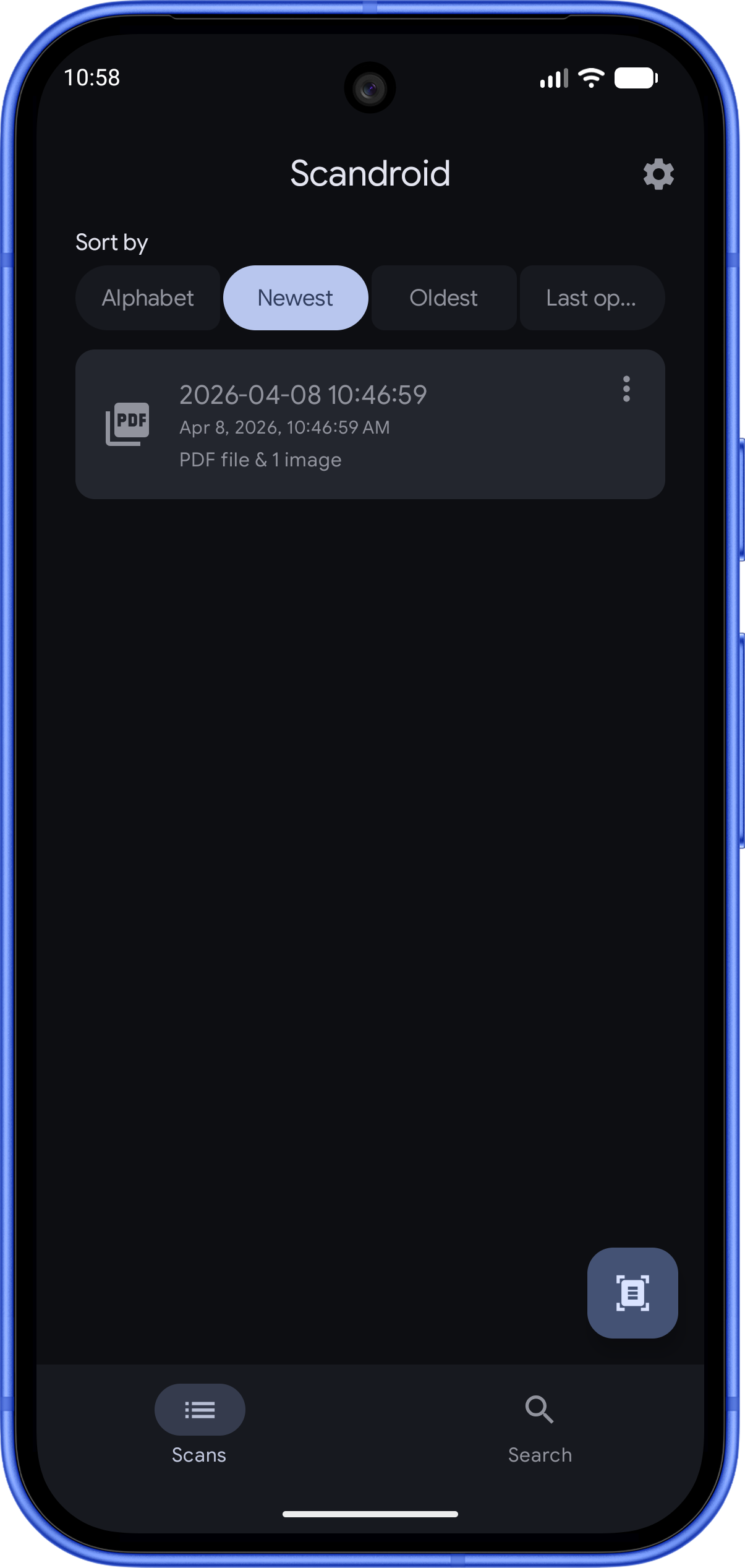 Scandroid — scan list showing saved documents