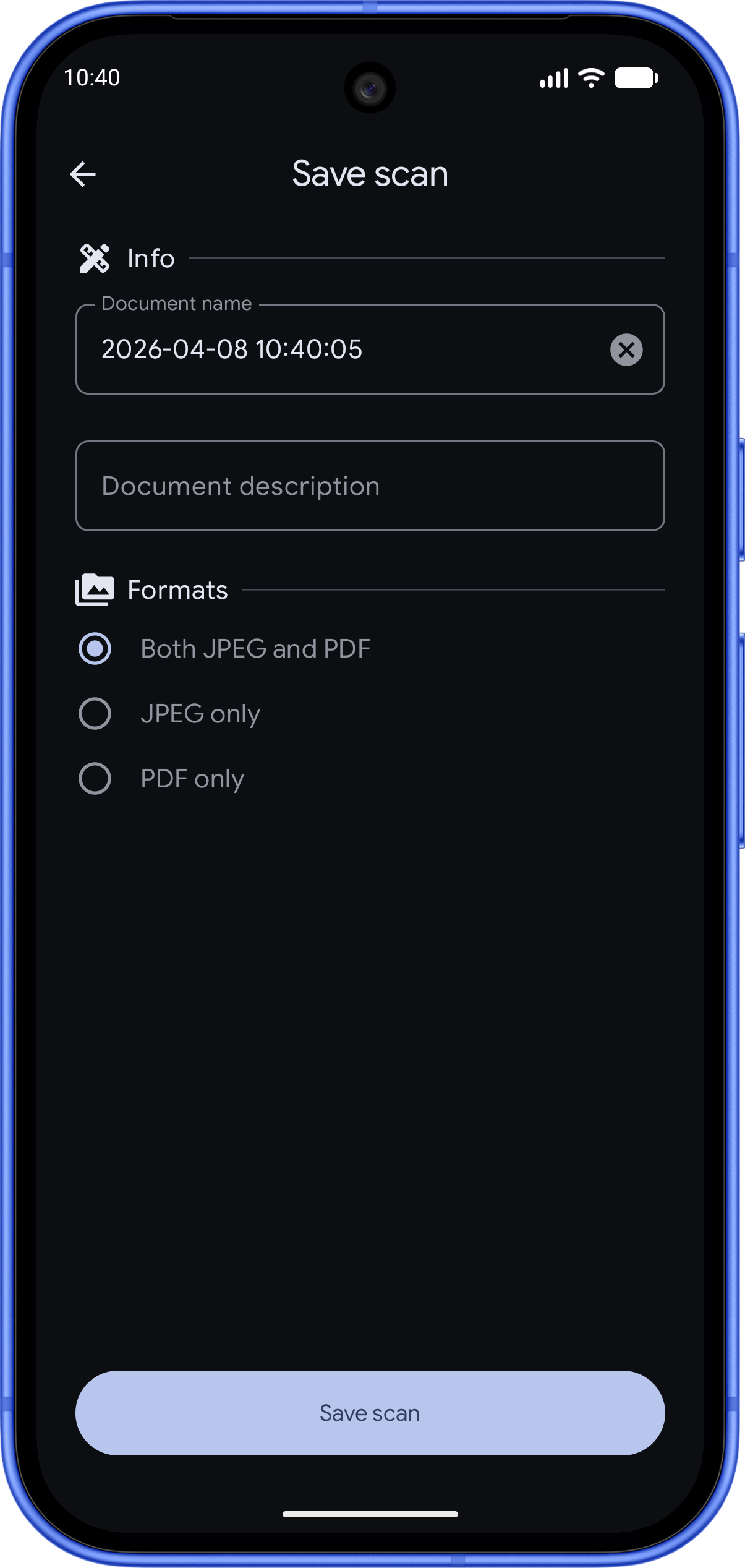 Scandroid — save dialog with PDF and JPEG export options