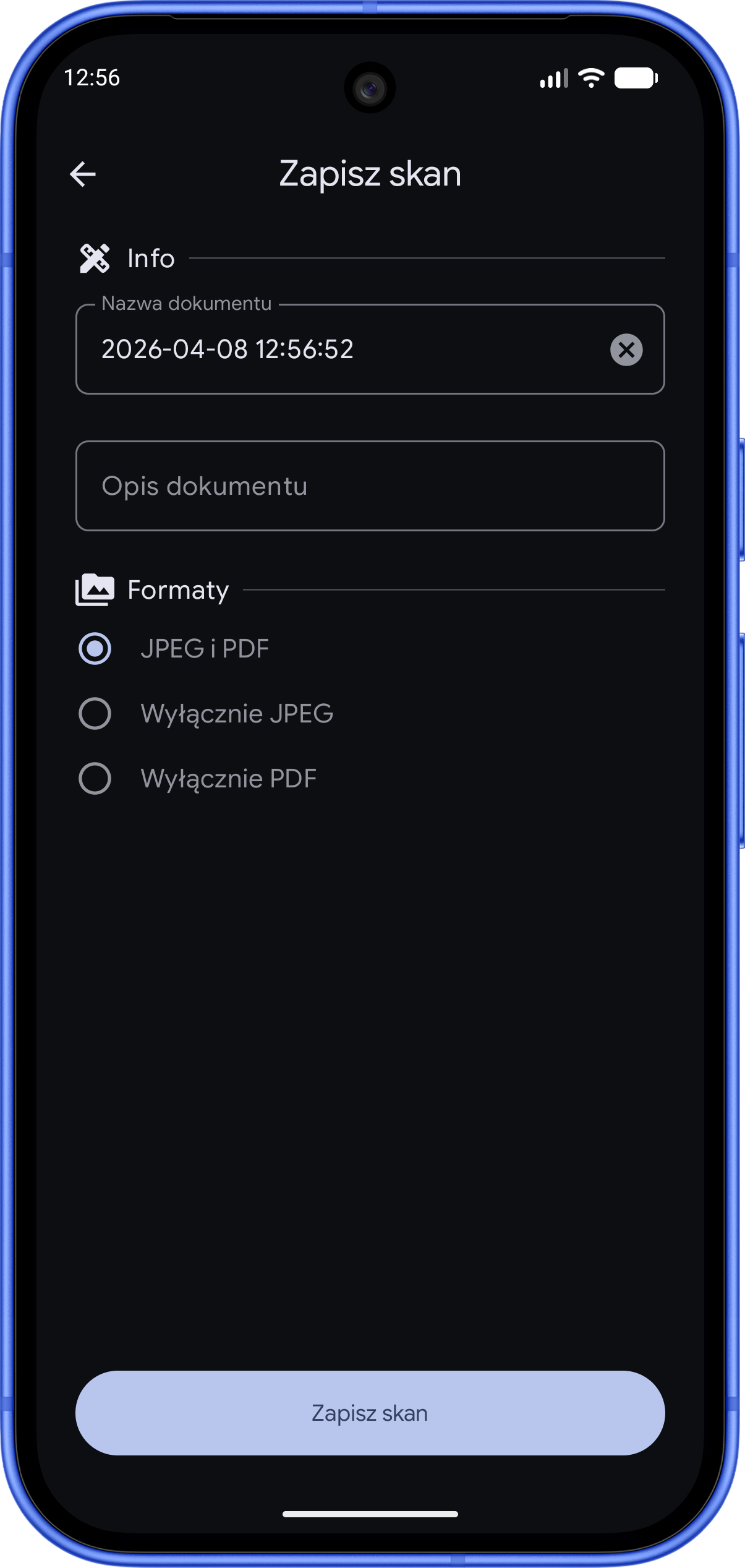 Scandroid — okno zapisywania z eksportem PDF i JPEG