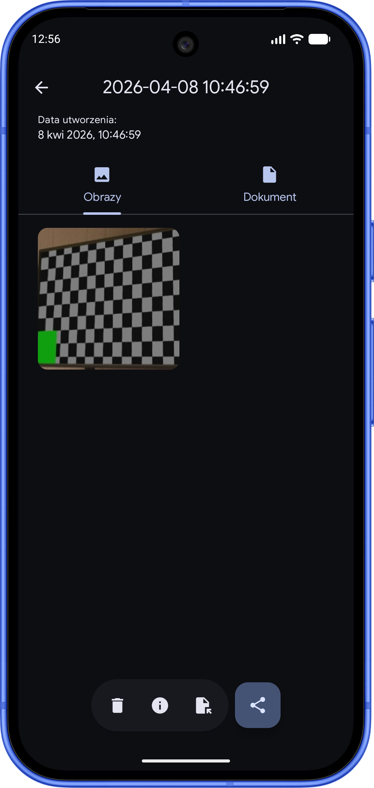 Scandroid — szczegóły skanu z opcjami udostępniania