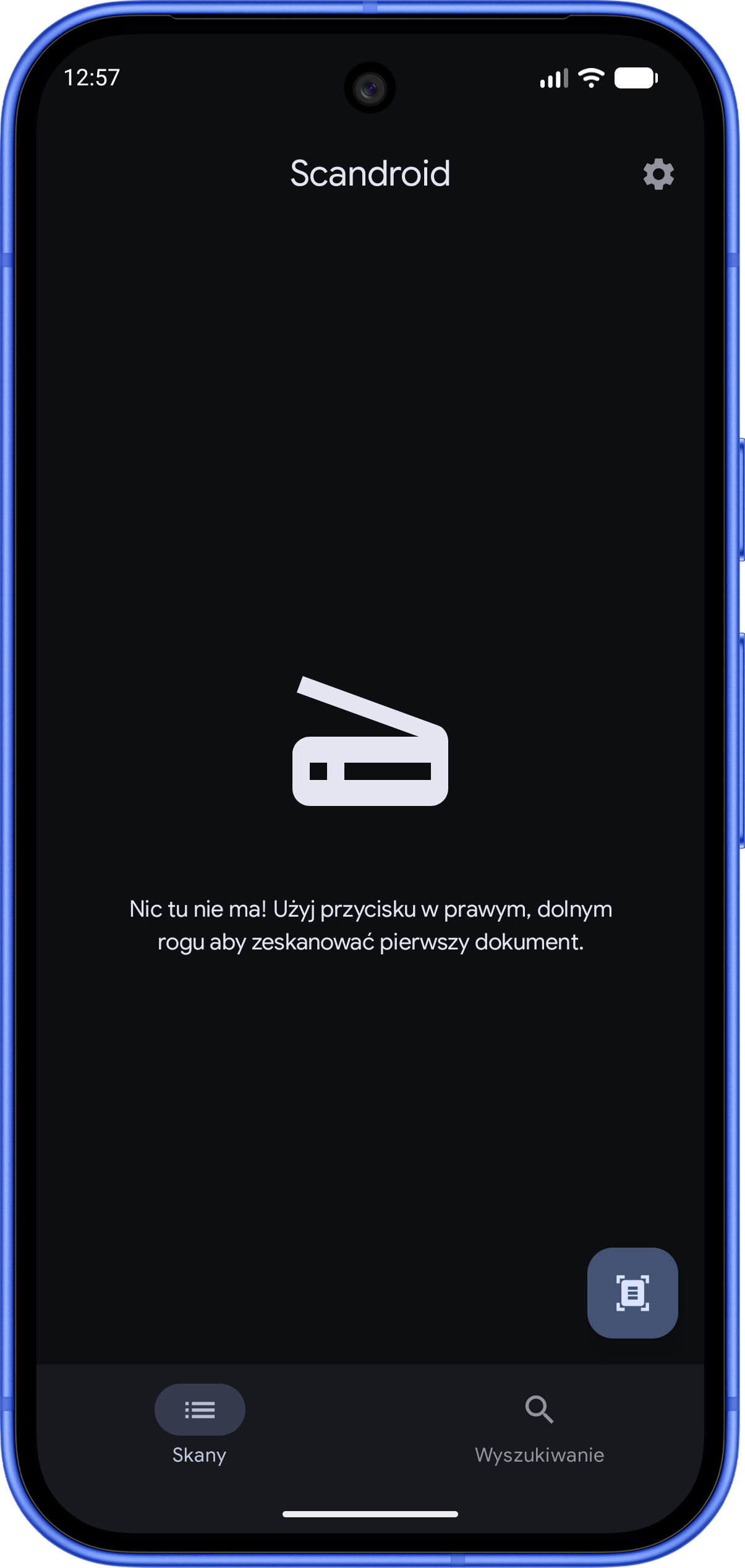 Scandroid — pusty ekran przed pierwszym skanem